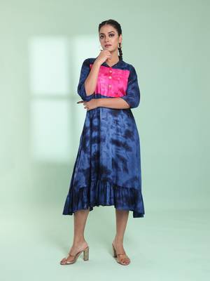 Navy blue rayon printed ethnic dress 1
