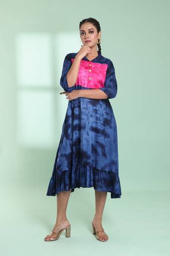 Navy blue rayon printed ethnic dress