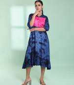 Navy blue rayon printed ethnic dress