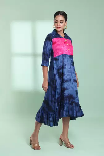 Navy blue rayon printed ethnic dress
