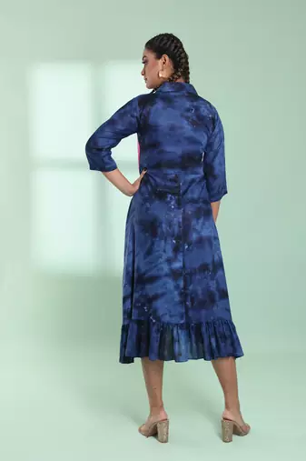 Navy blue rayon printed ethnic dress