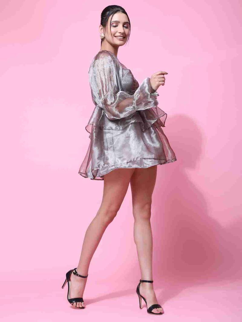 Floral plain puff sleeve grey organza dress for women