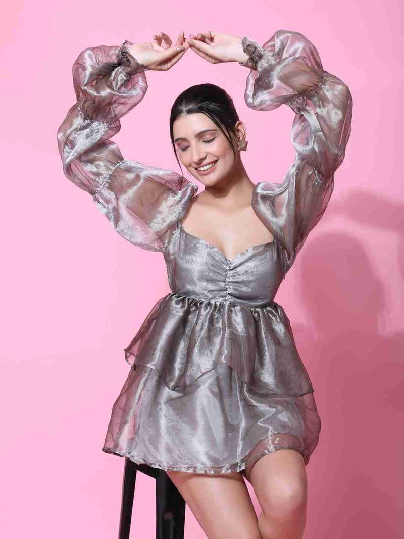 Floral plain puff sleeve grey organza dress for women