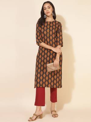 Janasya women's brown cotton printed straight kurta 1