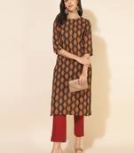 Janasya women's brown cotton printed straight kurta