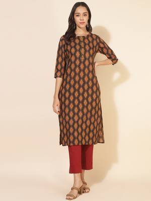 Janasya women's brown cotton printed straight kurta 2
