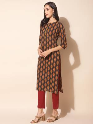 Janasya women's brown cotton printed straight kurta 3