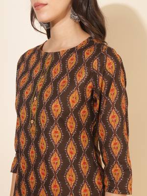 Janasya women's brown cotton printed straight kurta 5