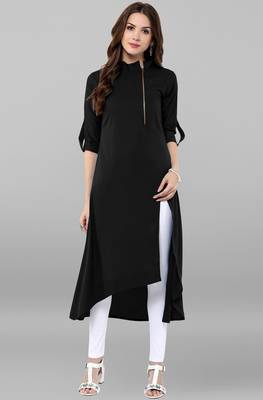Janasya women's black crepe solid high low kurta 1