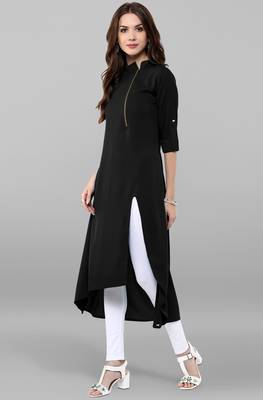 Janasya women's black crepe solid high low kurta 2