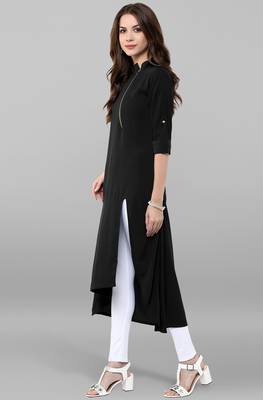 Janasya women's black crepe solid high low kurta 3