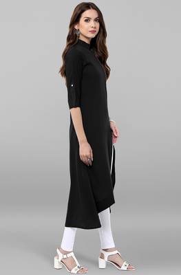 Janasya women's black crepe solid high low kurta 4