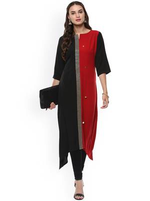 Janasya women's black and red crepe asymmetric kurta 2