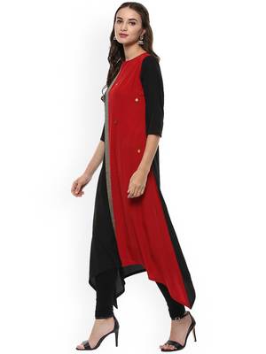 Janasya women's black and red crepe asymmetric kurta 3