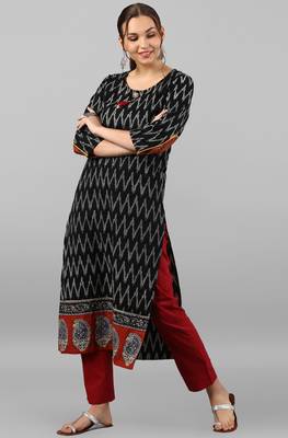 Janasya women's black cotton ikat straight kurta 1