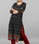 Janasya women's black cotton ikat straight kurta