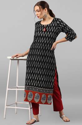 Janasya women's black cotton ikat straight kurta 2