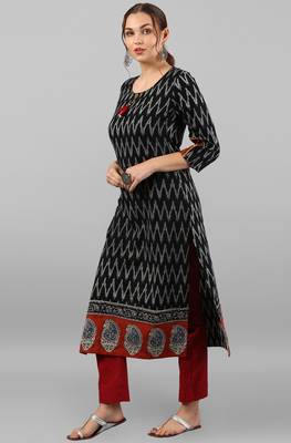 Janasya women's black cotton ikat straight kurta 3