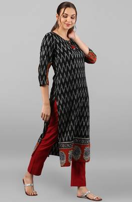 Janasya women's black cotton ikat straight kurta 4