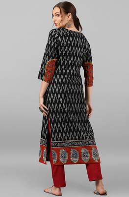 Janasya women's black cotton ikat straight kurta 5