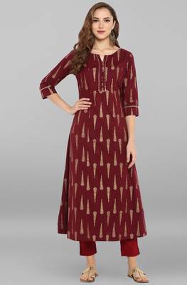 Janasya women's maroon cotton foil print a-line kurta 1