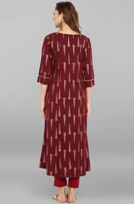 Janasya women's maroon cotton foil print a-line kurta 5