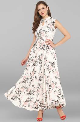 Janasya women's white rayon floral print gown kurta 1