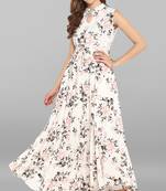 Janasya women's white rayon floral print gown kurta