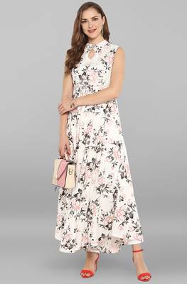 Janasya women's white rayon floral print gown kurta 2