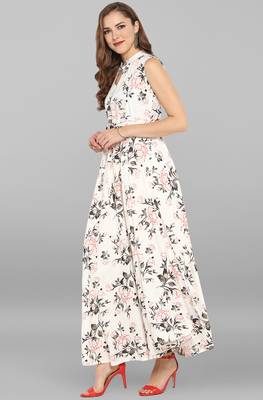 Janasya women's white rayon floral print gown kurta 3
