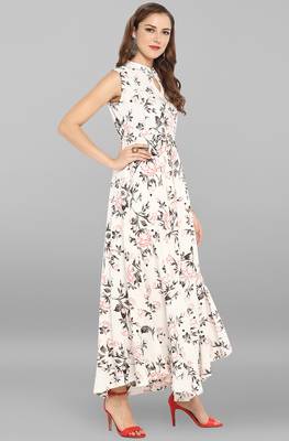 Janasya women's white rayon floral print gown kurta 4