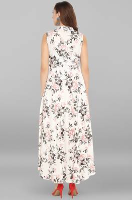 Janasya women's white rayon floral print gown kurta 5