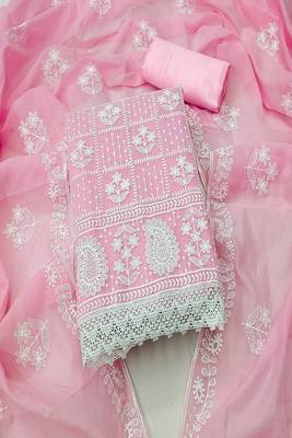 Baby pink colour with embroidered work chanderi cotton semi stitched dress with unstitched bottom 1