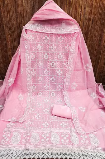 Baby pink colour with embroidered work chanderi cotton semi stitched dress with unstitched bottom