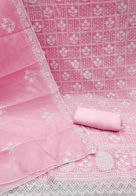 Baby pink colour with embroidered work chanderi cotton semi stitched dress with unstitched bottom 3
