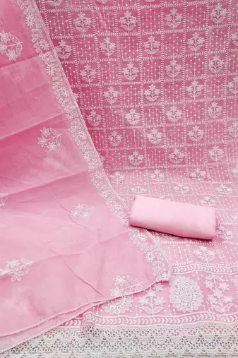 Baby pink colour with embroidered work chanderi cotton semi stitched dress with unstitched bottom