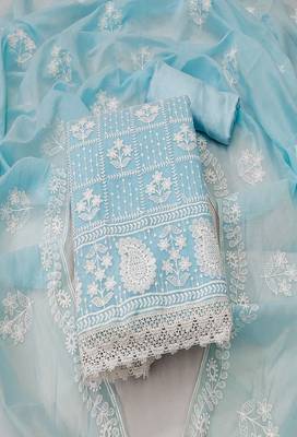 Blue colour with embroidered work chanderi cotton semi stitched dress with unstitched bottom 1