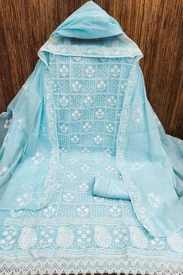 Blue colour with embroidered work chanderi cotton semi stitched dress with unstitched bottom 2
