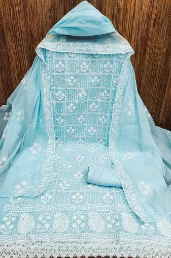 Blue colour with embroidered work chanderi cotton semi stitched dress with unstitched bottom