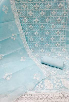Blue colour with embroidered work chanderi cotton semi stitched dress with unstitched bottom 3