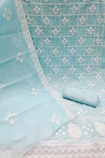 Blue colour with embroidered work chanderi cotton semi stitched dress with unstitched bottom