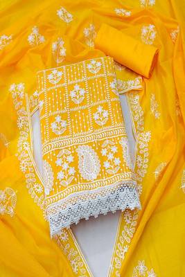 Mustered colour with embroidered work chanderi cotton semi stitched dress with unstitched bottom 1