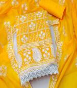 Mustered colour with embroidered work chanderi cotton semi stitched dress with unstitched bottom