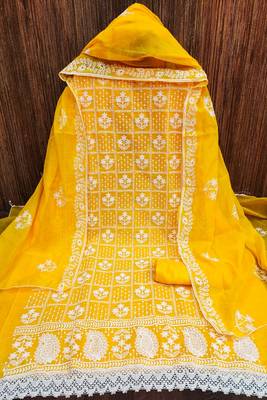 Mustered colour with embroidered work chanderi cotton semi stitched dress with unstitched bottom 2