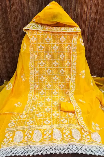 Mustered colour with embroidered work chanderi cotton semi stitched dress with unstitched bottom