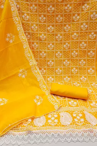 Mustered colour with embroidered work chanderi cotton semi stitched dress with unstitched bottom