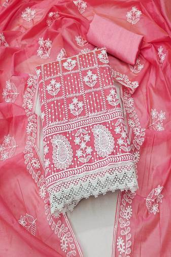 pink colour with embroidered work chanderi cotton semi stitched dress with unstitched bottom