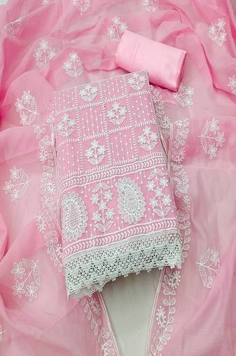 Baby pink colour with embroidered work chanderi cotton semi stitched dress with unstitched bottom