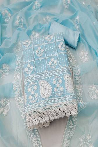 Blue colour with embroidered work chanderi cotton semi stitched dress with unstitched bottom