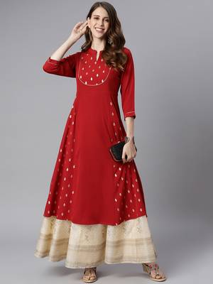 Janasya women's maroon crepe ethnic motifs a-line kurta 1